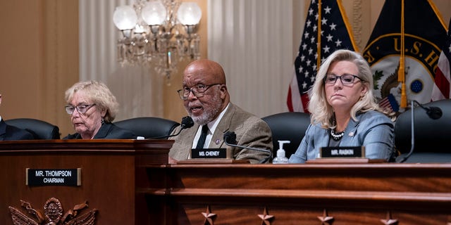 Speaker Bennie Thompson, D-Miss., center, flanked by Rep.  Zoe Lofgren, D-Calif., left, and Vice President Liz Cheney, R-Wyo., make a statement as the House committee investigates the Jan. 6 attack on the U.S. Capitol pursues charges of outrage against former advisers to Donald Trump at the Capitol in Washington, Monday, March 28, 2022. 