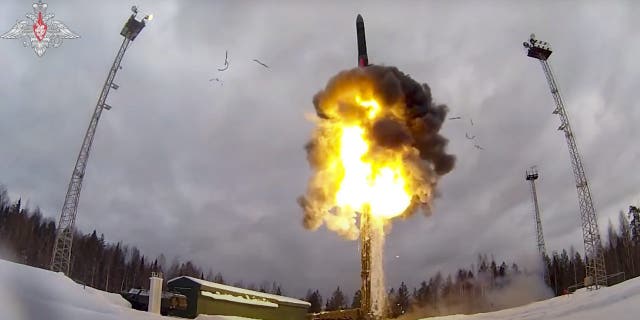 This photo, taken from a video provided by the Russian Defense Ministry press service on Saturday, February 19, 2022, shows a Yas intercontinental ballistic missile launched from an airfield during a military exercise. 