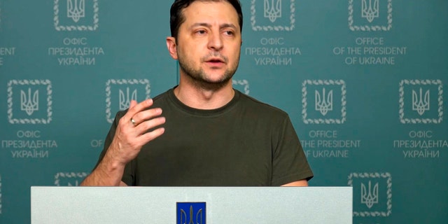 In this photo, Feb. 27, 2022, taken from video provided by the Ukrainian Presidential Press Office, Ukrainian President Volodymyr Zelenskyy speaks to the nation in Kyiv, Ukraine. 