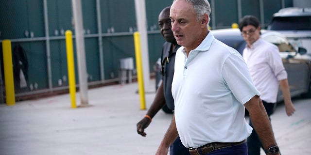 Baseball Commissioner Rob Manfred outside Roger Dean Stadium on Monday, Feb. 28, 2022, in Jupiter, Fla., after a labor negotiating session with baseball players.