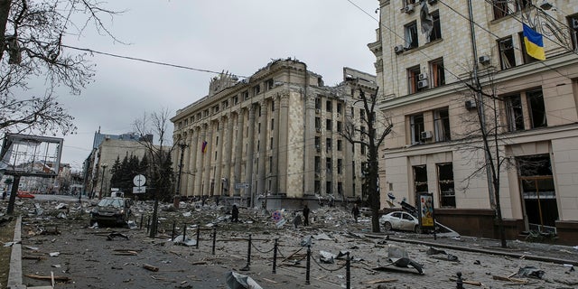 A view of the central square following shelling of the City Hall building in Kharkiv, Ukraine, Tuesday, March 1, 2022. (AP Photo/Pavel Dorogoy)