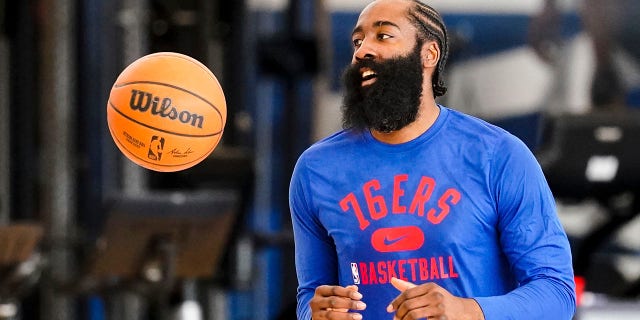 Philadelphia 76ers' James Harden practices at the NBA basketball team's facility, in Camden, N.J., Tuesday, March 1, 2022.