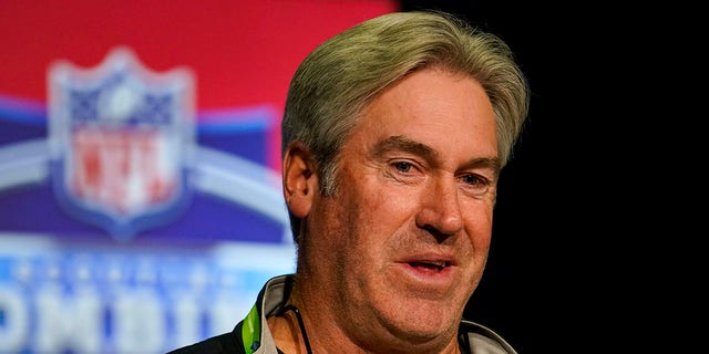 Jacksonville Jaguars head coach Doug Pederson speaks during a press conference at the NFL football scouting combine in Indianapolis, martedì, marzo 1, 2022.