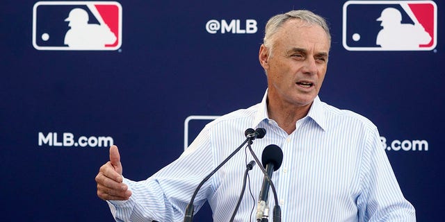 Major League Baseball Commissioner Rob Manfred speaks during a news conference after contract negotiations with the players union March 1, 2022, at Roger Dean Stadium in Jupiter, Fla. 