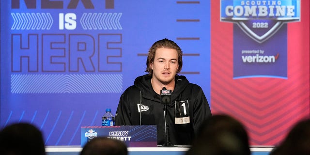Pittsburgh quarterback Kenny Pickett speaks during a press conference at the NFL football scouting combine, Wednesday, March 2, 2022, in Indianapolis.