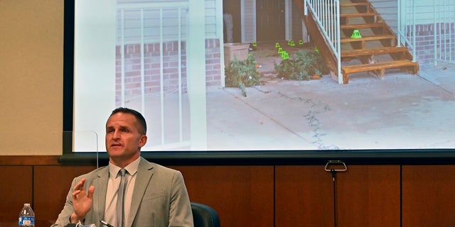 Former Louisville Police officer Brett Hankison is questioned by prosecution as he discusses his position during the attempted execution of a search warrant in Louisville, Kentucky, Wednesday, March 2, 2022. 