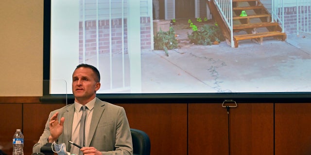 Former Louisville Police officer Brett Hankison is questioned by prosecution as he discusses his position during the attempted execution of a search warrant in Louisville, Kentucky, Wednesday, March 2, 2022. 