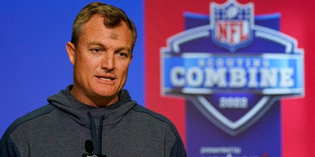 San Francisco 49ers general manager John Lynch speaks during a press conference at the NFL football scouting combine in Indianapolis, Wednesday, March 2, 2022.