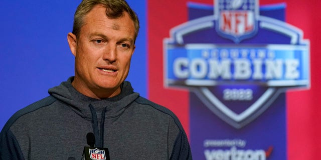 San Francisco 49ers general manager John Lynch speaks during a press conference at the NFL football scouting combine in Indianapolis, Wednesday, March 2, 2022.