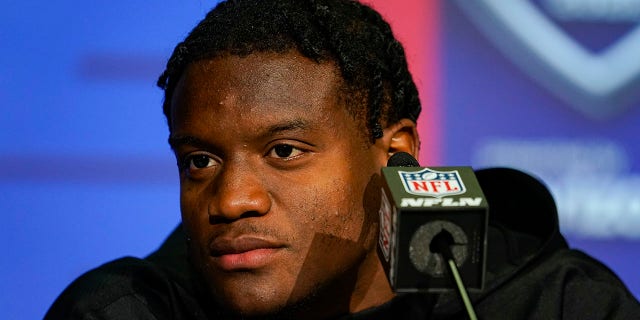 Michigan State running back Kenny Walker III speaks during a press conference at the NFL football scouting combine in Indianapolis, Thursday, March 3, 2022.