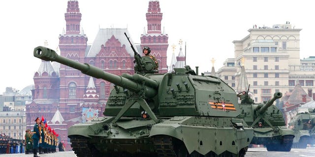 Russian 2S35 Koalitsiya-SV self-propelled howitzers roll toward Red Square during the Victory Day military parade in Moscow, May 9, 2021, marking the 76th anniversary of the end of World War II in Europe.