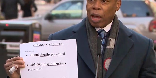 New York City Mayor Eric Adams speaks during a news conference in which he announced the scaling back of COVID-19 mask and vaccine mandates within the city in New York, Friday, March 4, 2022.