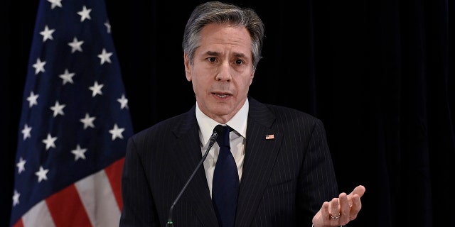 U.S. Secretary of State Antony Blinken speaks during a media conference in Brussels on March 4, 2022. 