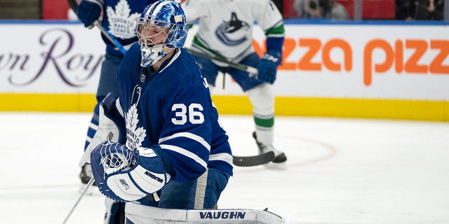 Toronto Maple Leafs goaltender Jack Campbell (36) reacts after giving up a goal to the Vancouver Canucks during the first period of an NHL hockey game Saturday, March 5, 2022, in Toronto.