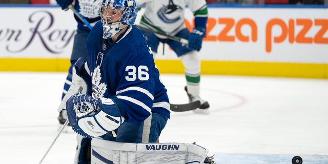 Toronto Maple Leafs goaltender Jack Campbell (36) reacts after giving up a goal to the Vancouver Canucks during the first period of an NHL hockey game Saturday, March 5, 2022, in Toronto.