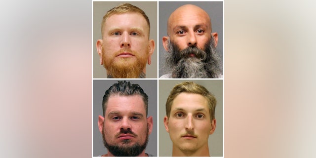 FILE - This combination of photos provided by the Kent County Sheriff and the Delaware Department of Justice shows, top row from left, Brandon Caserta and Barry Croft; and bottom row from left, Adam Dean Fox and Daniel Harris. The four members of anti-government groups are facing trial in March 2022 on federal charges accusing them in a plot to abduct Michigan's Democratic Gov. Gretchen Whitmer in 2020.