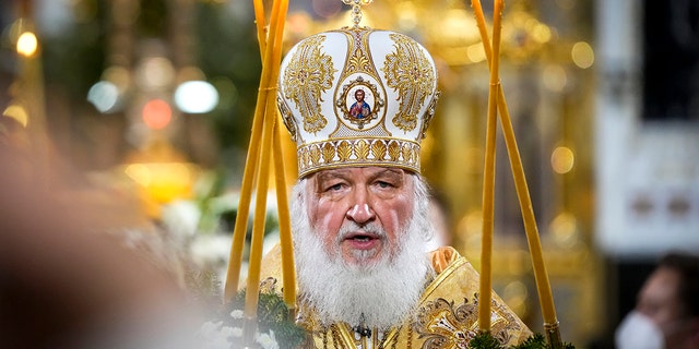 FILE - Russian Orthodox Patriarch Kirill delivers the Christmas Liturgy in the Christ the Saviour Cathedral in Moscow, Russia, Thursday, Jan. 6, 2022.
