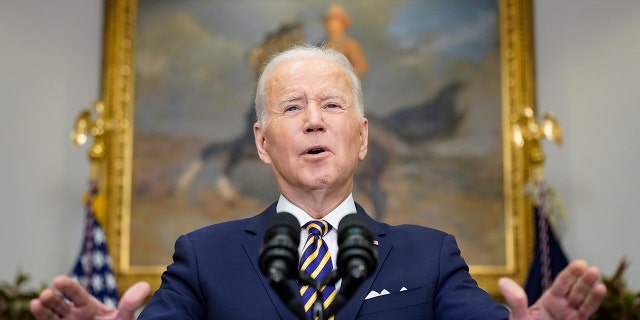 President Joe Biden announced a ban on Russian oil imports, toughening the toll on Russia's economy in retaliation for its invasion of Ukraine, Tuesday, March 8, 2022, in the Roosevelt Room at the White House in Washington.