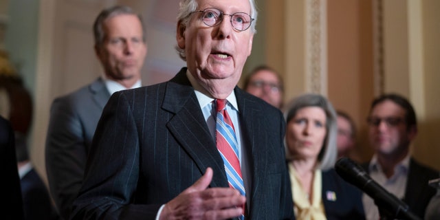 Senate Minority Leader Mitch McConnell, R-Ky., speaks to reporters after a Republican strategy meeting at the Capitol in Washington, Tuesday, March 8, 2022.