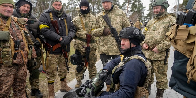 Ukrainian Territorial Defence Forces members train to use an NLAW anti-tank weapon on the outskirts of Kyiv, Ukraine, Wednesday, March 9, 2022.