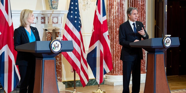Secretary of State Antony Blinken holds a joint press conference with British Foreign Secretary Elizabeth Truss, in the Benjamin Franklin Room at the State Department, Wednesday, March 9, 2022, in Washington. 