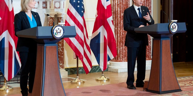 Secretary of State Antony Blinken holds a joint press conference with British Foreign Secretary Elizabeth Truss, in the Benjamin Franklin Room at the State Department, Wednesday, March 9, 2022, in Washington.