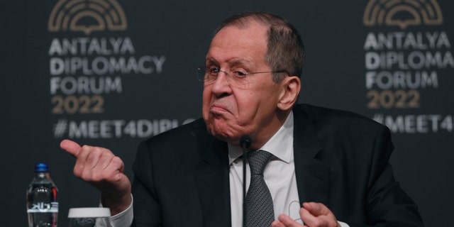 Russia's Foreign Minister Sergey Lavrov speaks to the media after a trilateral meeting with Ukraine's Foreign Minister Dmytro Kuleba and Turkey's Foreign Minister Mevlut Cavusoglu in Antalya, Turkey, Thursday, March 10, 2022.Â