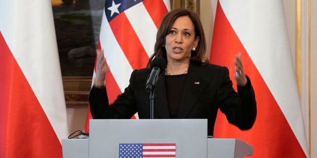 Vice President Kamala Harris speaks during a joint press conference with Poland's President Andrzej Duda on the occasion of their meeting at Belwelder Palace, in Warsaw, Poland, Thursday, March 10, 2022.