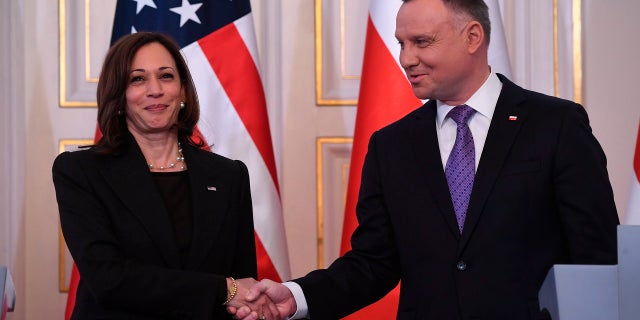 Trump: Russia's invasion of Ukraine is a consequence of world leaders 'no longer respecting' America 2 Polish President Andrzej Duda, right, shakes hands with U.S. Vice President Kamala Harris as they meet at Belwelder Palace in Warsaw, Poland, Thursday, March 10, 2022.