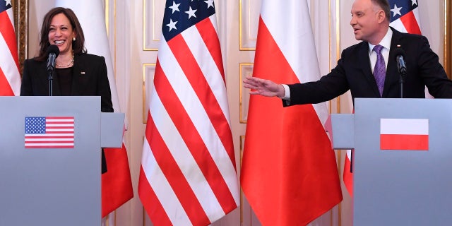 Polish President Andrzej Duda, right, and US Vice President Kamala Harris hold  press conference at Belwelder Palace, in Warsaw, Poland, Thursday, March 10, 2022. 