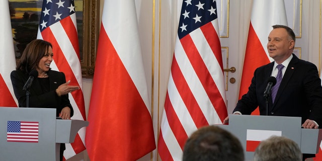 US Vice President Kamala Harris speaks during a joint press conference with Poland's President Andrzej Duda on the occasion of their meeting at Belwelder Palace, in Warsaw, Poland, Thursday, March 10, 2022.