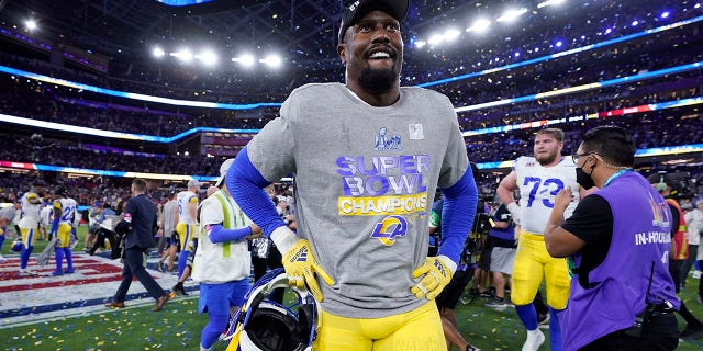 Los Angeles Rams outside linebacker Von Miller (40) celebrates their victory against the Cincinnati Bengals in Super Bowl 56 on Feb. 13, 2022, in Inglewood, Calif.