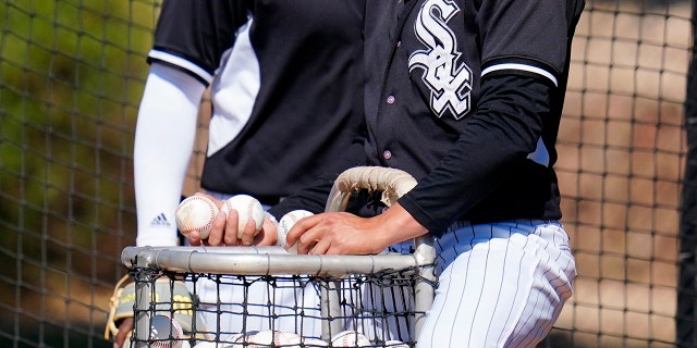 Chicago White Sox minor league players put baseballs back in the basket during batting practice at a minor league spring training workout Thursday, Maart 10, 2022, in Phoenix. Major League Baseball’s acrimonious lockout ended Thursday when a divided players’ association voted to accept management’s offer to salvage a 162-game season that will start April 7.
