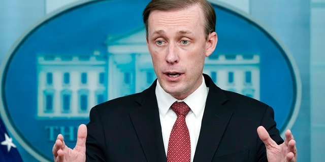 White House national security adviser Jake Sullivan speaks during a press briefing at the White House, Feb. 11, 2022, in Washington.