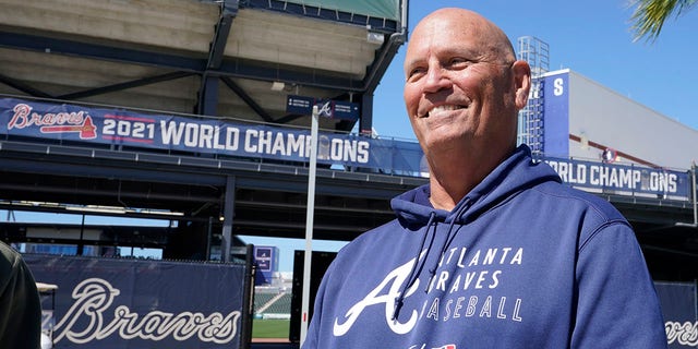 Atlanta Braves manager, Brian Snitker, smiles as he talks to the media during the start of Major League Baseball spring training at the CoolToday Park Sunday March 13, 2022, in North Port, Fl.