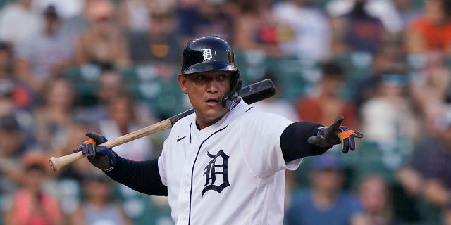 Detroit Tigers' Miguel Cabrera plays during a baseball game, Saturday, Aug. 28, 2021, in Detroit. On Sunday, March 13, 2022, Cabrera showed up for the start of his 20th spring training camp in the majors, his 15th with the Detroit Tigers.