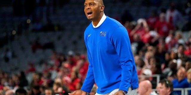 Memphis head coach Penny Hardaway yells from the sideline during the first half of an NCAA college basketball game against Houston for the American Athletic Conference tournament championship in Fort Worth, Texas, Sunday, March 13, 2022.