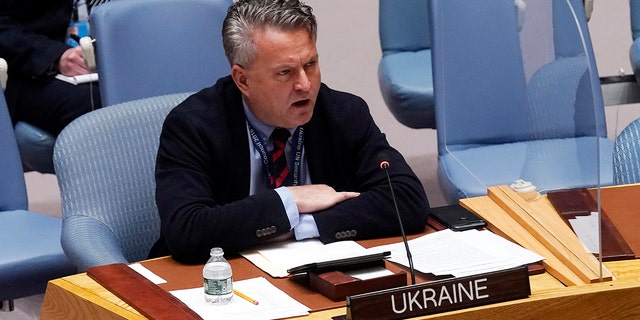 Ukraine's UN Ambassador Sergiy Kyslytsya addresses the UN Security Council, Monday, March 14, 2022.