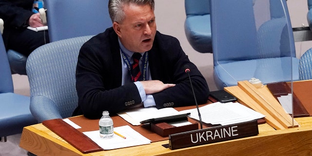 Ukraine's UN Ambassador Sergiy Kyslytsya addresses the UN Security Council, Monday, March 14, 2022.