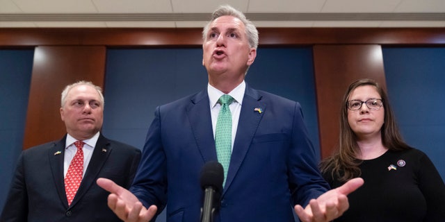 House Minority Whip Steve Scalise of La., left, House Minority Leader Kevin McCarthy of Calif., and Rep. Elise Stefanik, R-N.Y., speak with reporters after watching a speech by Ukrainian President Volodymyr Zelenskyy live-streamed into the U.S. Capitol, in Washington, Wednesday, March 16, 2022. 