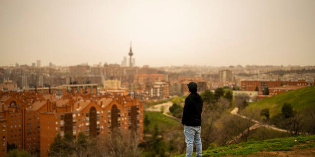 A man looks out the skyline of Madrid as storm Celia blew sand from the Sahara desert at the the Cerro del Tio Pio park in Madrid, Spain.