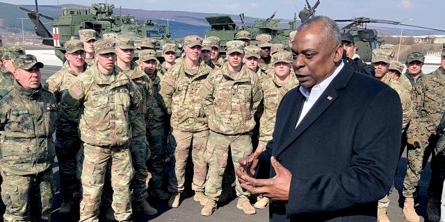 Defense Secretary Lloyd Austin speaks with U.S. troops, Friday, March 18, 2022 at an Army training range in Bulgaria. Austin was in Bulgaria to meet with U.S. troops and to consult with top Bulgarian government officials.