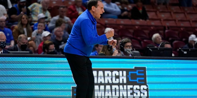 Duke head coach Mike Krzyzewski yells during the first half of a college basketball game against the Cal State Fullerton in the first round of the NCAA tournament on Friday, March 18, 2022, in Greenville, S.C.