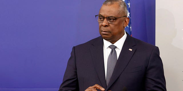 U.S. Secretary of Defense Lloyd Austin reacts during joint news conference with Bulgarian Prime Minister in the Council of Ministers, Sofia, Saturday, March 19, 2022. This is the first visit of the US Secretary of Defense to Bulgaria in the last 25 years.