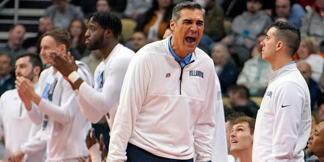 Villanova head coach Jay Wright is upset with a call during the first half of a game against Ohio State in the second round of the NCAA tournament in Pittsburgh March 20, 2022. 