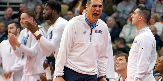 Villanova head coach Jay Wright is upset with a call during the first half of a game against Ohio State in the second round of the NCAA tournament in Pittsburgh March 20, 2022.