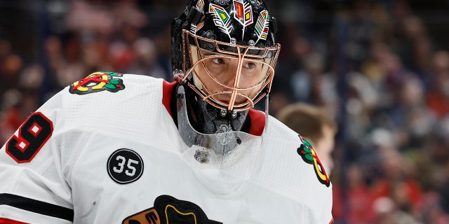 Chicago Blackhawks' Marc-Andre Fleury plays against the Columbus Blue Jackets during an NHL hockey game Tuesday, Jan. 11, 2022, in Columbus, Ohio.