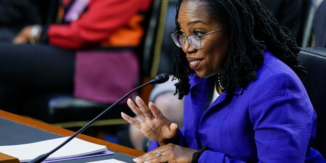 Supreme Court nominee Judge Ketanji Brown Jackson gestures during her confirmation hearing before the Senate Judiciary Committee Monday, March 21, 2022, on Capitol Hill in Washington. (AP Photo/Carolyn Kaster)