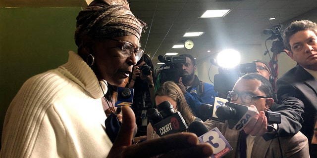 Deborah Marion, mother of former NBA basketball player Lorenzen Wright, speaks with reporters, Monday, March 21, 2022, in Memphis, Tenn., after a jury convicted a Tennessee man in the slaying of her son, whose bullet-riddled body was found in a field nearly 12 years ago.
