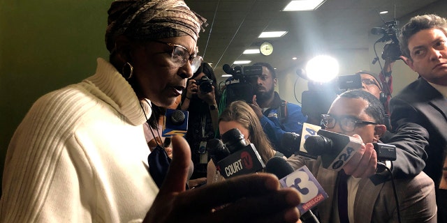 Deborah Marion, mother of former NBA basketball player Lorenzen Wright, speaks with reporters, Monday, March 21, 2022, in Memphis, Tenn., after a jury convicted a Tennessee man in the slaying of her son, whose bullet-riddled body was found in a field nearly 12 years ago.